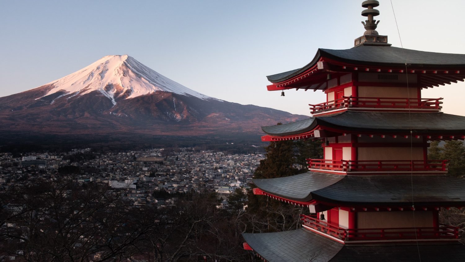 red chureito pagoda japan with mount fuji